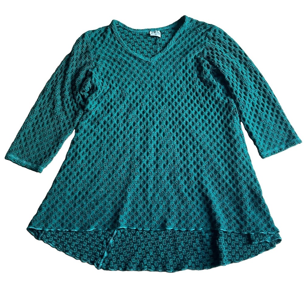 CMC Color Me Cotton Teal Textured Tunic Medium Hi-Low V-Neck 3-4 Sleeves